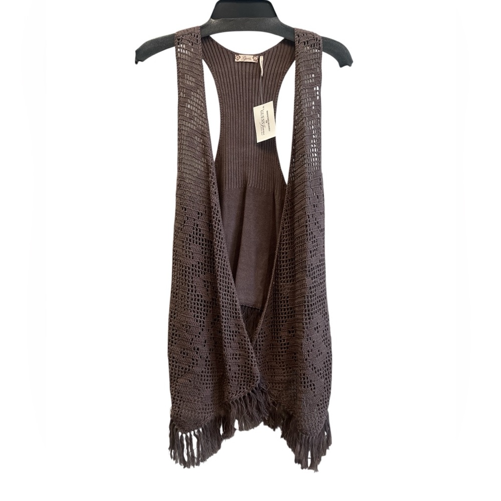 GUESS Y2K Bohemian Fringe Knit Vest Brown Open Front Crochet Cardigan